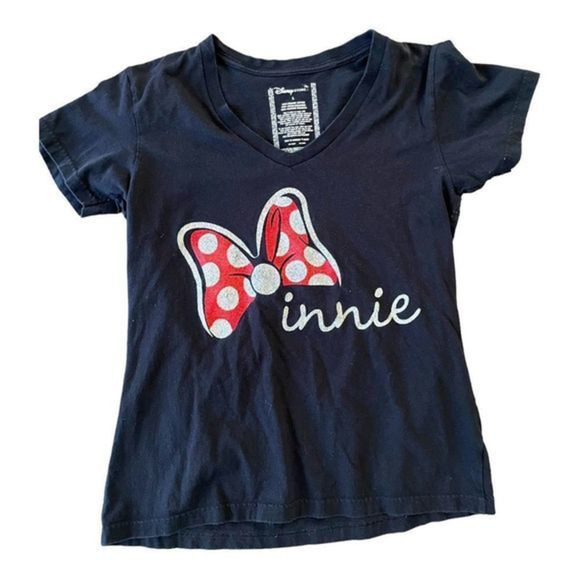 Disney Store Minnie Mouse Red Bow Glitter V-Neck Black‎ Size Large - Picture 1 of 4